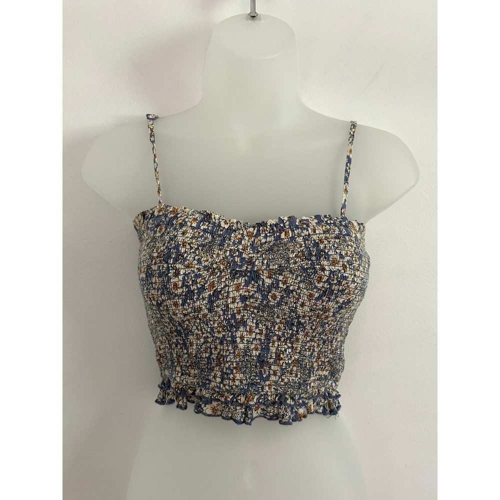 Patrons of Peace Women Blue Ditsy Floral Cropped Smocked Adjustable Tank Top XS